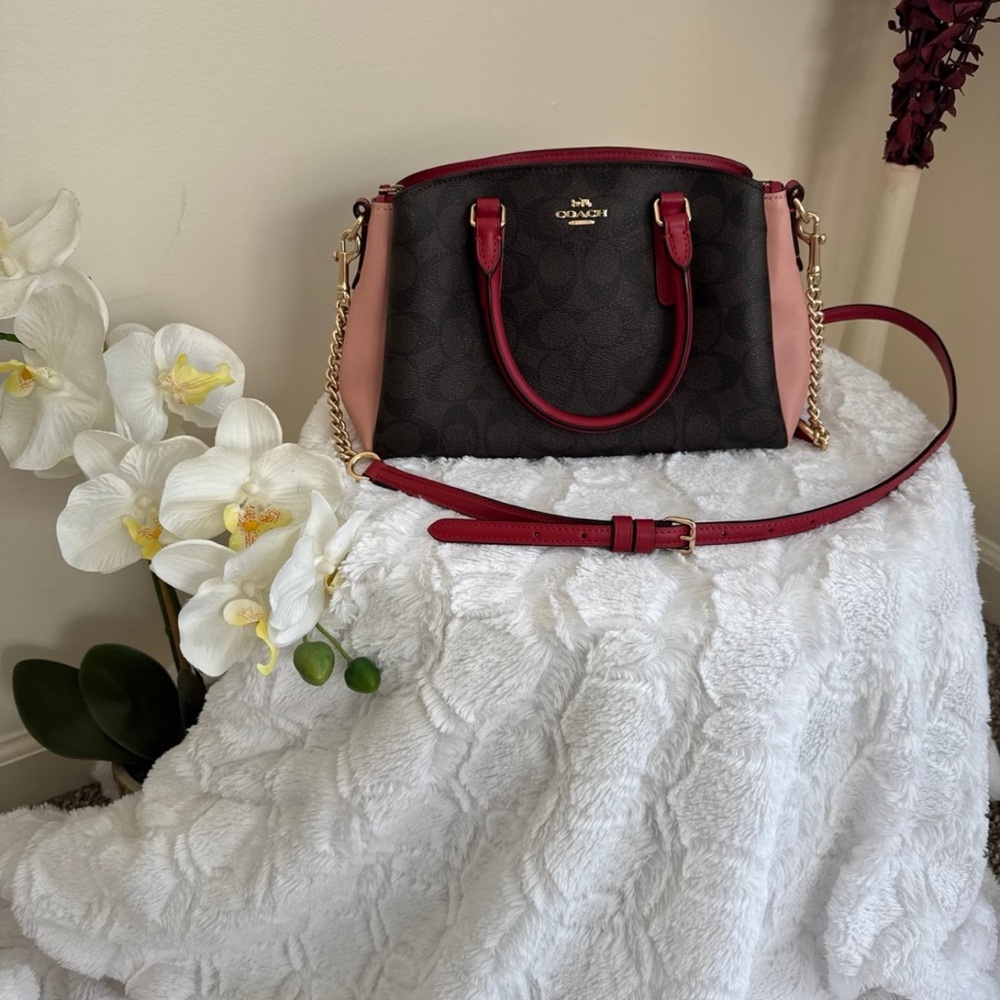**SOLD**COACH  Signature Mini Sage Carryall Bag Brown / Pink / Red Colorblock